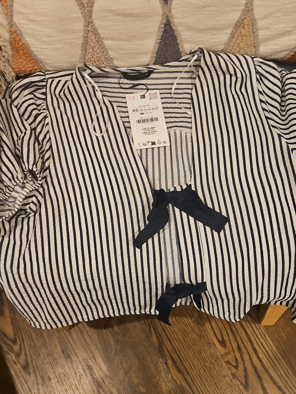 Zaras Striped Navy and White Tie-Front Women's Blouse